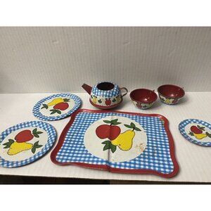 Ohio Art Co Tin Litho Apples Pears Childrens Tea Set Play Dishes 7 pieces 1950's